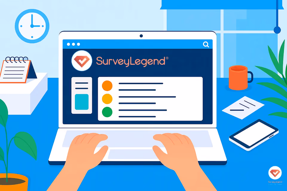 Illustration of person designing a survey on a laptop using the SurveyLegend platform