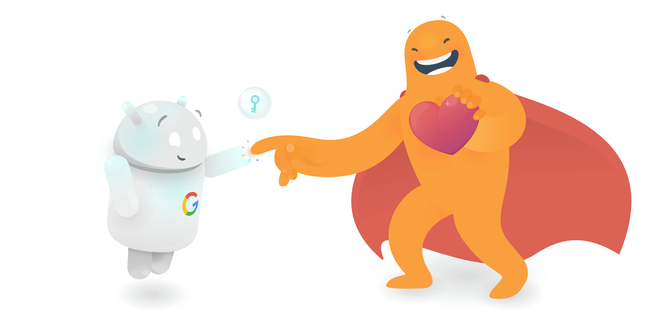 An illustration showing SurveyLegend's mascot and Google's robot, becoming friends