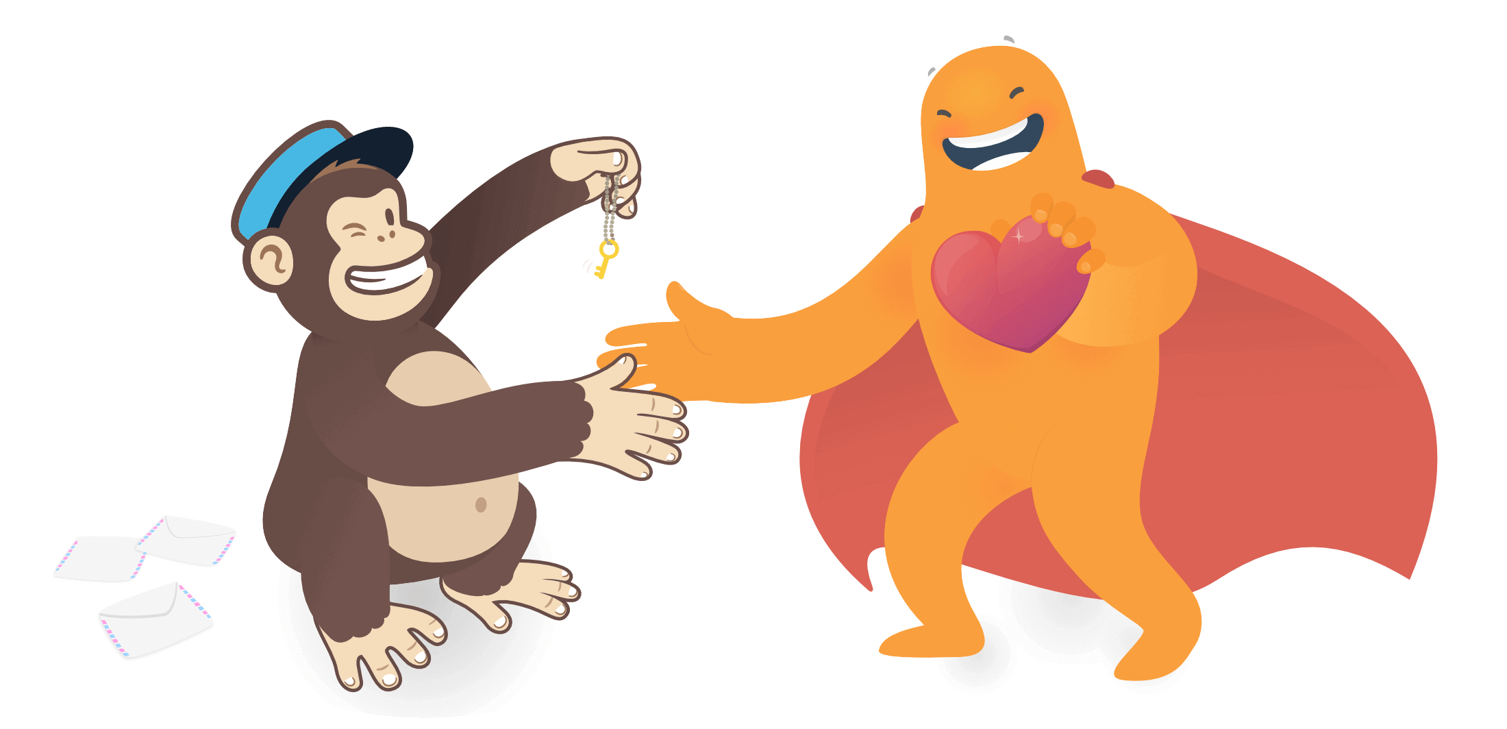 An illustration showing SurveyLegend's mascot and Mailchimp's chimpanzee Freddie, becoming friends