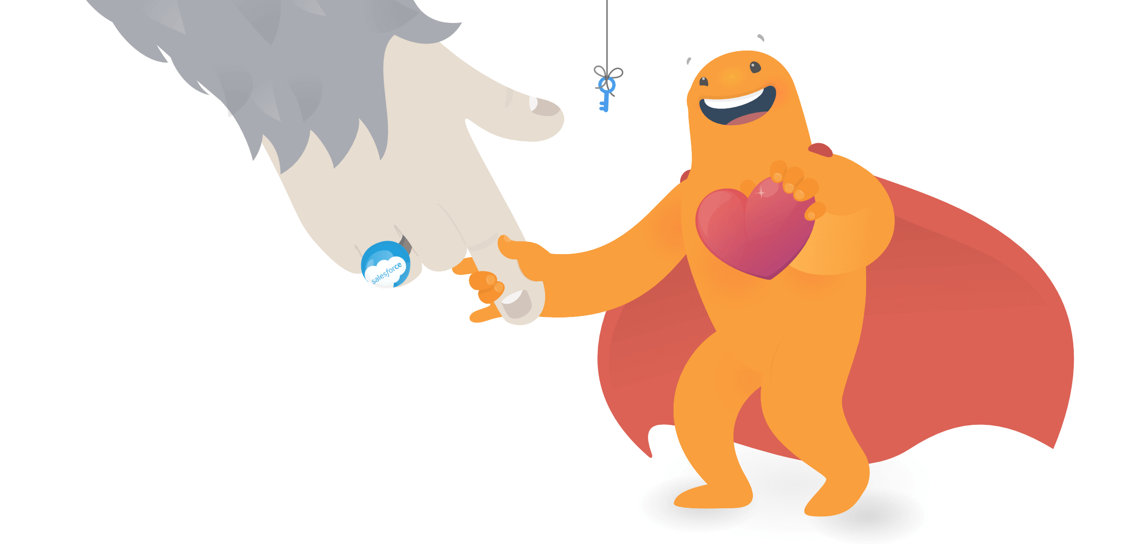 An illustration showing SurveyLegend's mascot and Salesforce's monster, becoming friends
