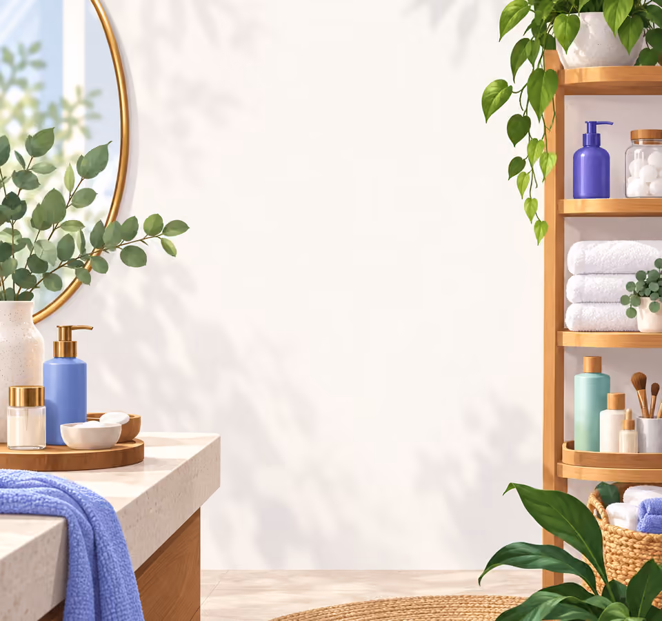 Illustrated personal-care shelf with towels, mirror and unbranded bottles
