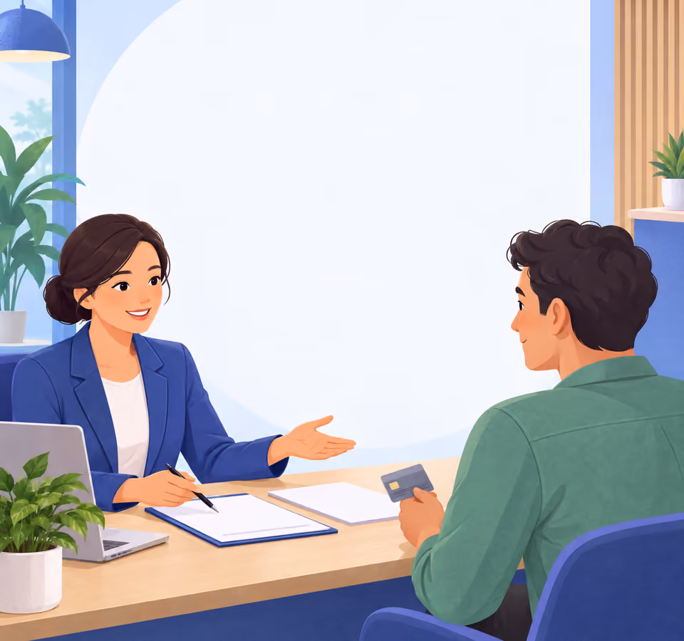 Illustrated financial service desk with an adviser, visitor and blank paperwork