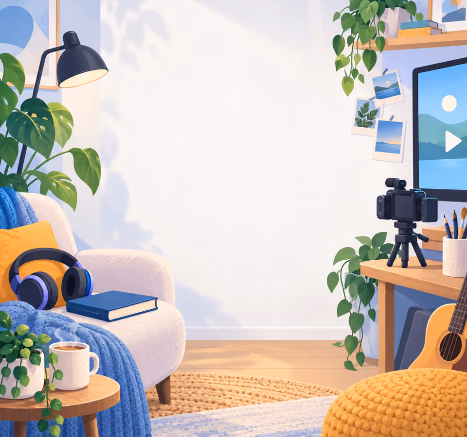 Illustrated media corner with headphones, camera and unbranded instruments