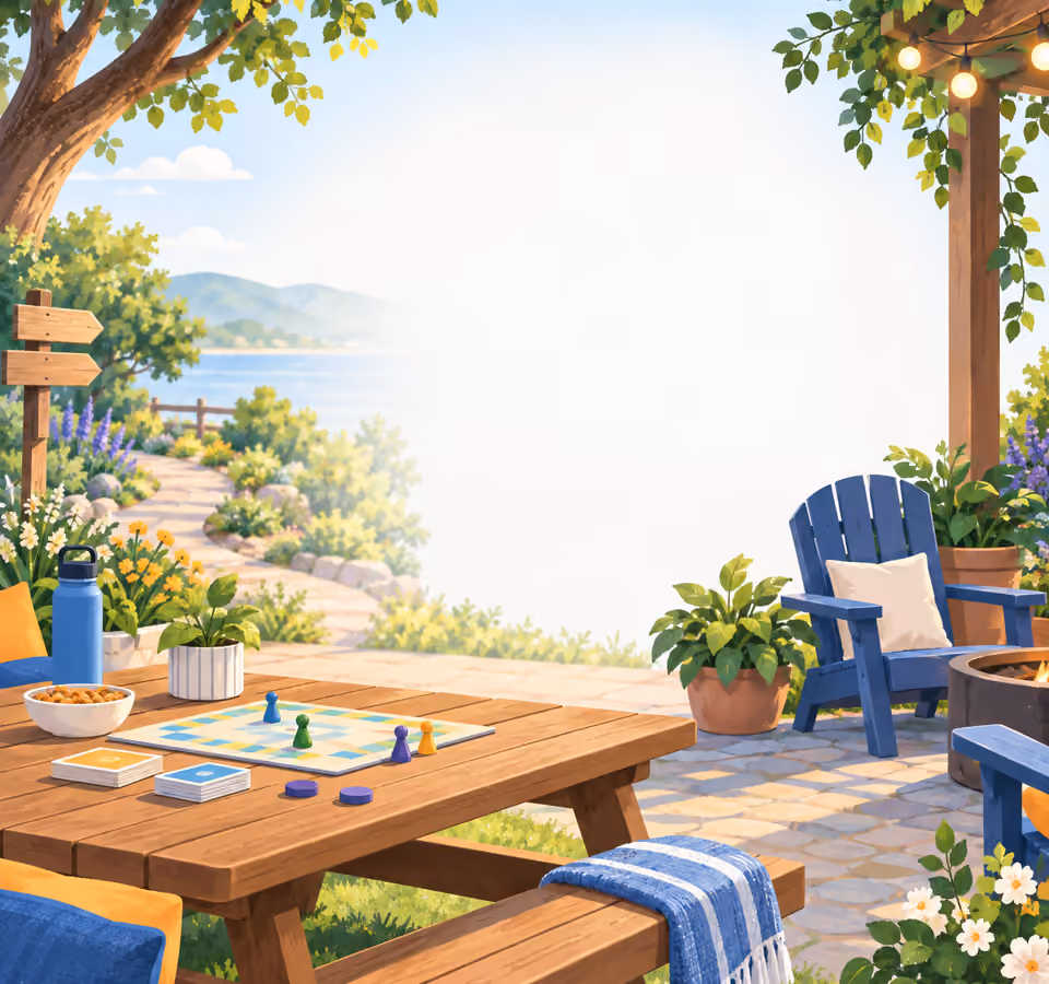 Illustrated garden gathering table with a board game and empty chairs