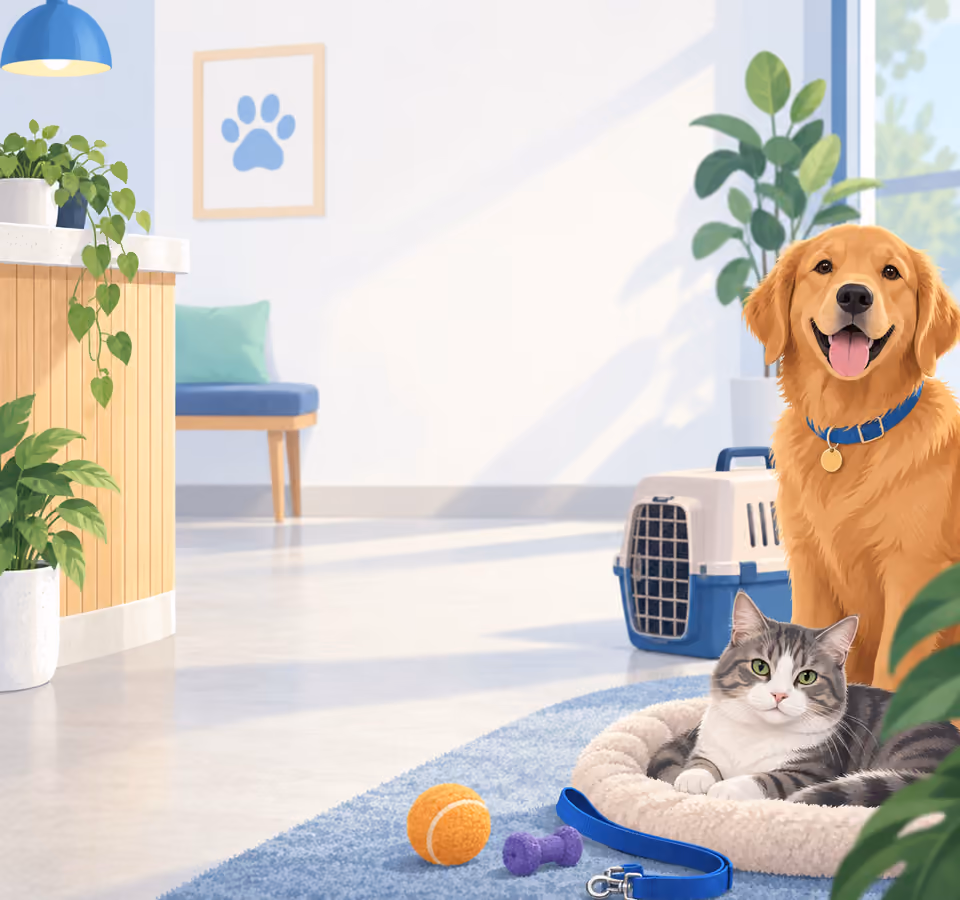 Illustrated pet-care reception with a dog, cat and carrier