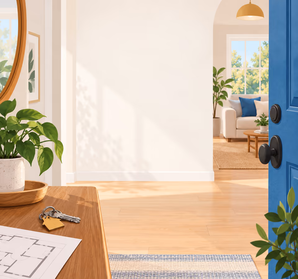 Illustrated home doorway with a floor plan, keys and living area