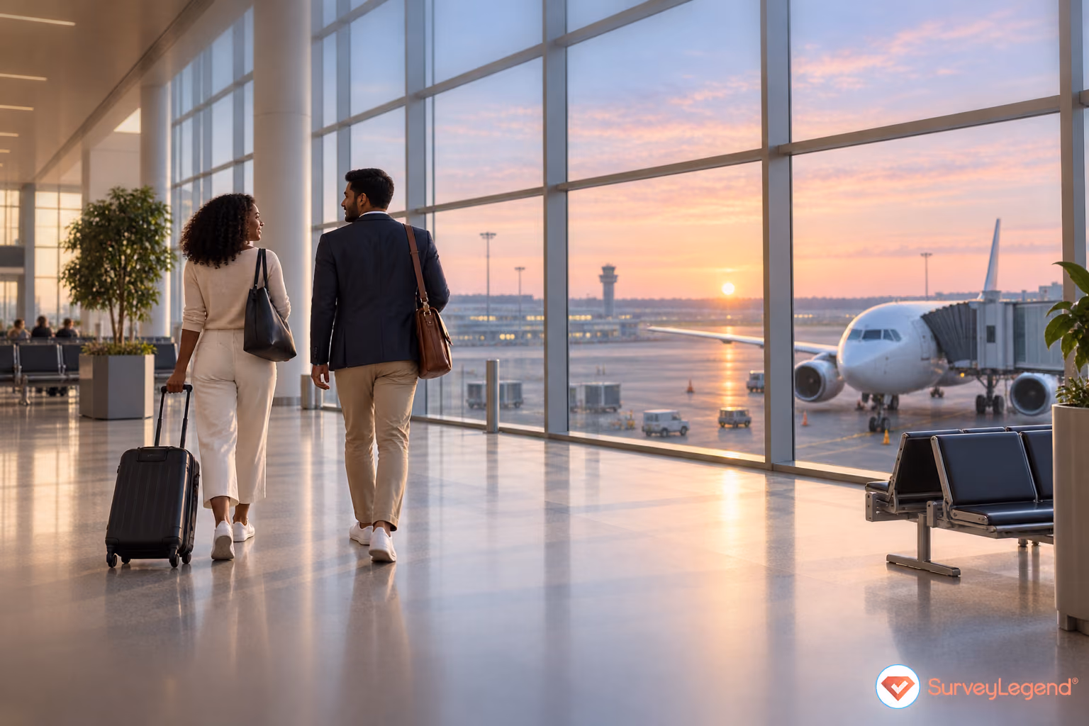 Passengers at an airport overlooking the runway