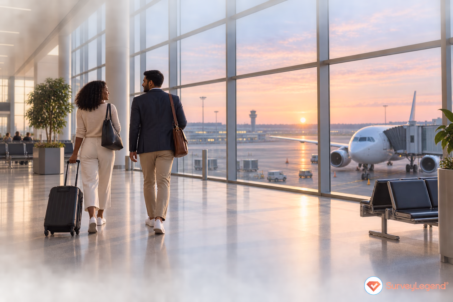 Passengers at an airport overlooking the runway