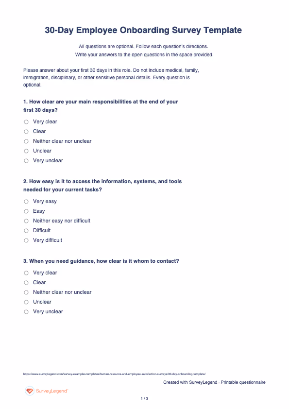 First page of the printable 30-Day Employee Onboarding Survey Template with questions and answer spaces