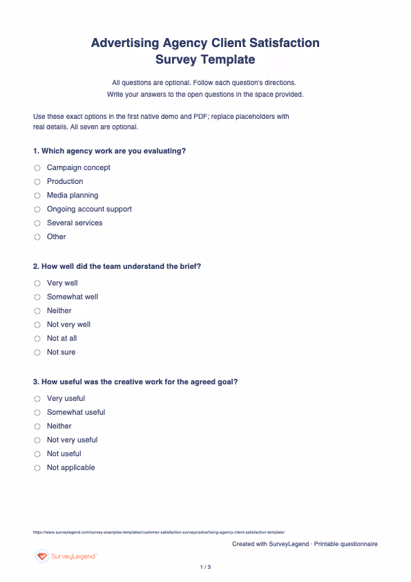 First page of the printable Advertising Agency Client Satisfaction Survey Template with questions and answer spaces