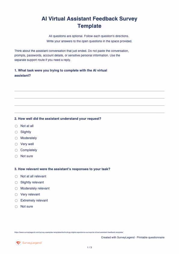 First page of the printable AI Virtual Assistant Feedback Survey Template with questions and answer spaces