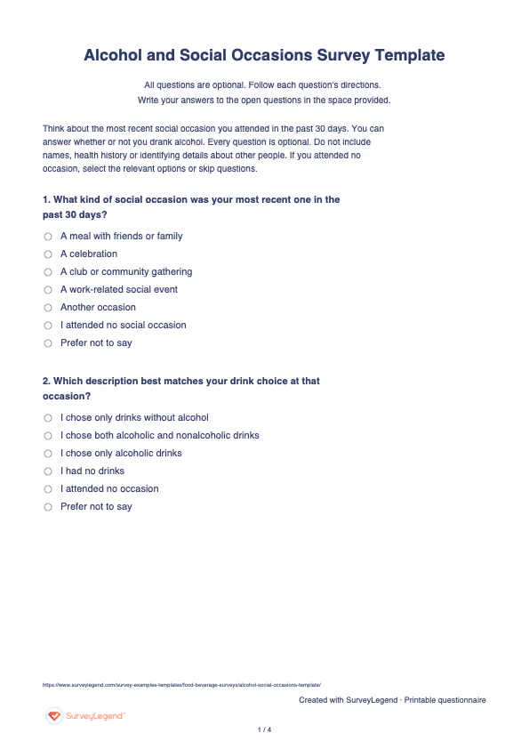 First page of the printable Alcohol and Social Occasions Survey Template with questions and answer spaces