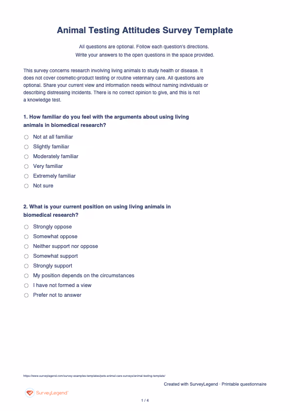 First page of the printable Animal Testing Attitudes Survey Template with questions and answer spaces