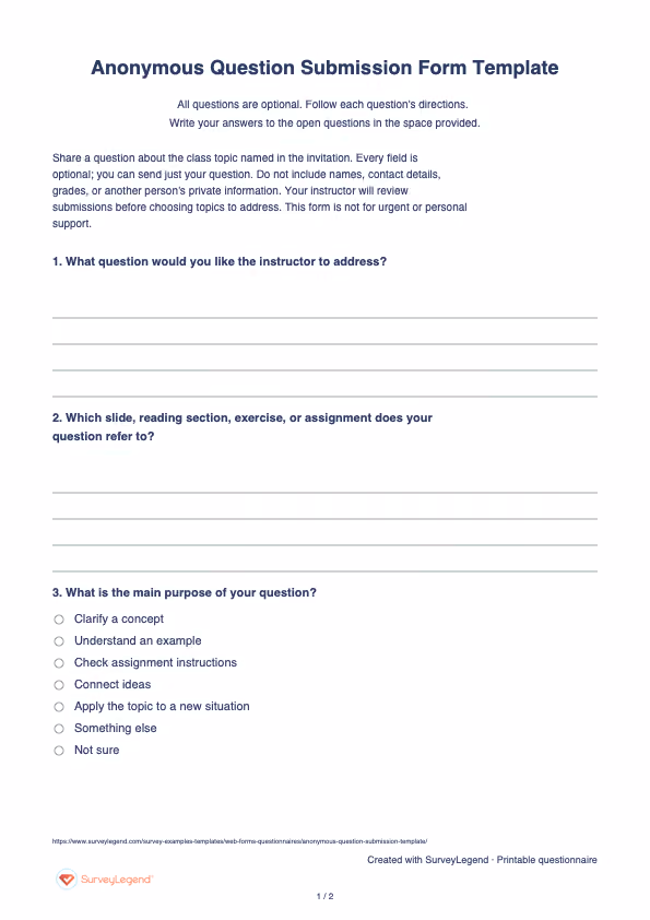 First page of the printable Anonymous Question Submission Form Template with questions and answer spaces