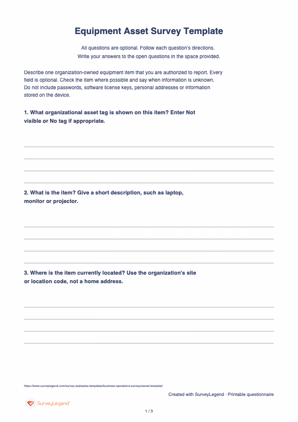 First page of the printable Equipment Asset Survey Template with questions and answer spaces