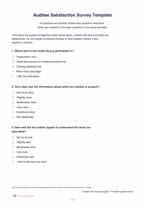 First page of the printable Auditee Satisfaction Survey Template with questions and answer spaces