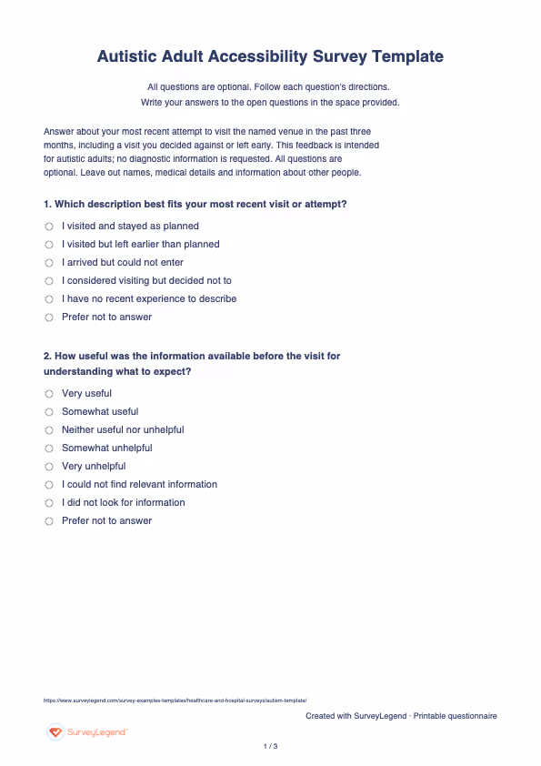 First page of the printable Autistic Adult Accessibility Survey Template with questions and answer spaces