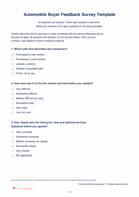 First page of the printable Automobile Buyer Feedback Survey Template with questions and answer spaces