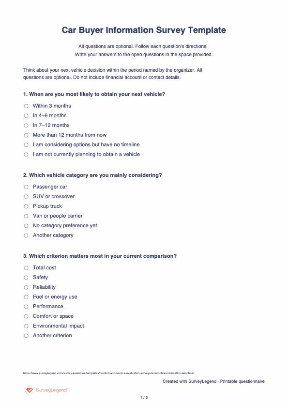 First page of the printable Car Buyer Information Survey Template with questions and answer spaces