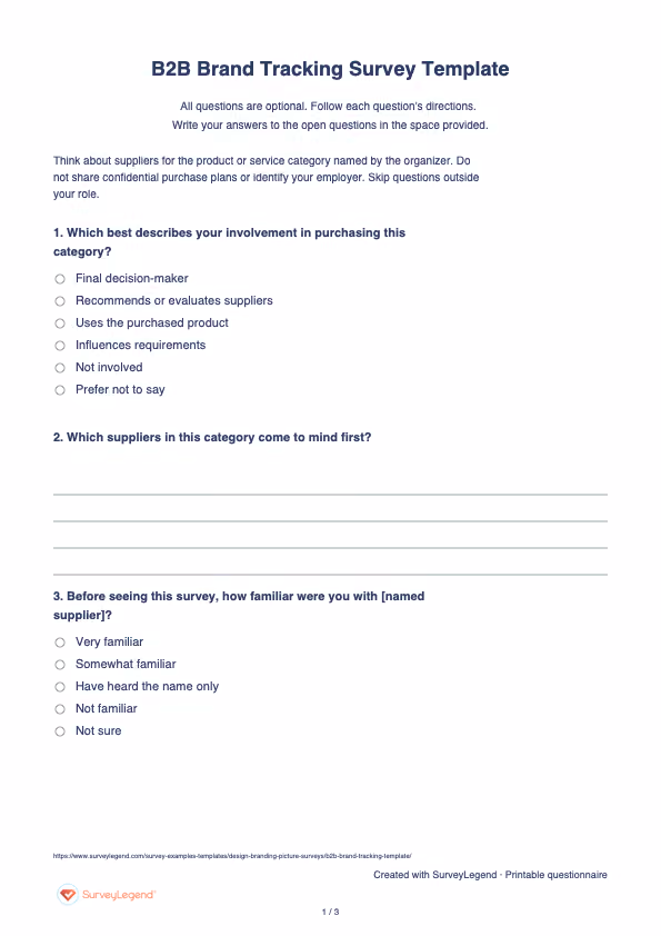 First page of the printable B2B Brand Tracking Survey Template with questions and answer spaces