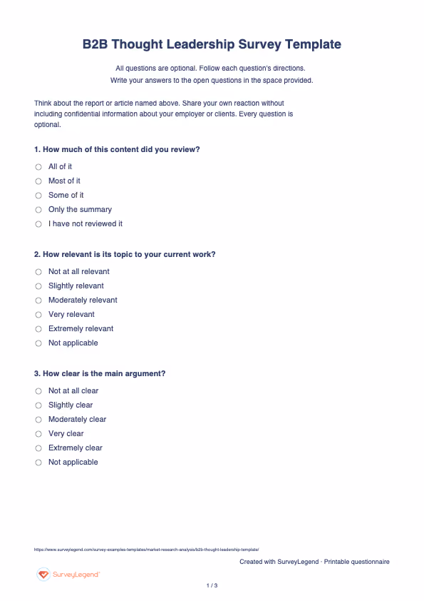 First page of the printable B2B Thought Leadership Survey Template with questions and answer spaces