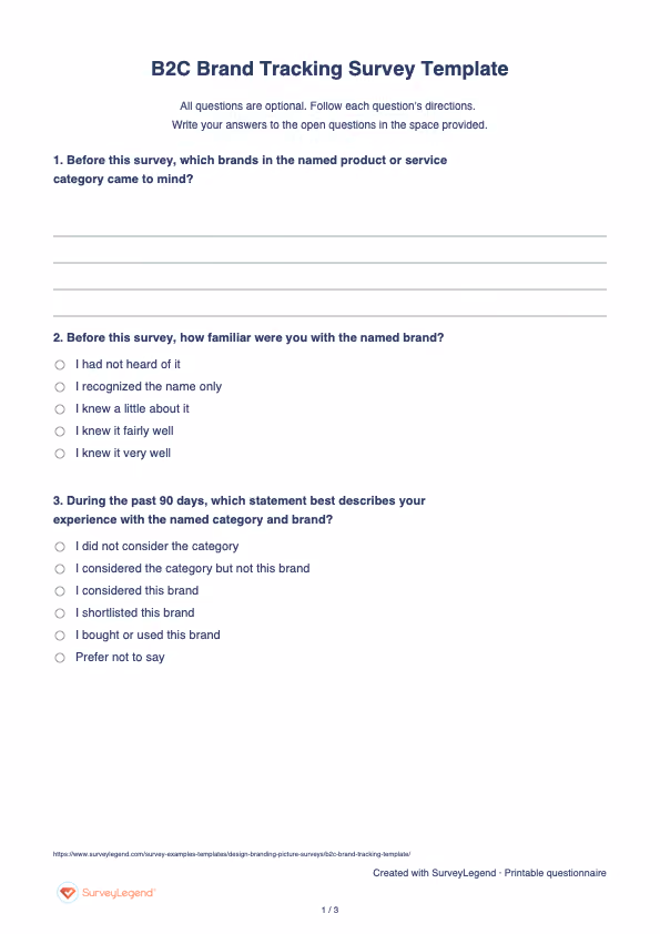 First page of the printable B2C Brand Tracking Survey Template with questions and answer spaces