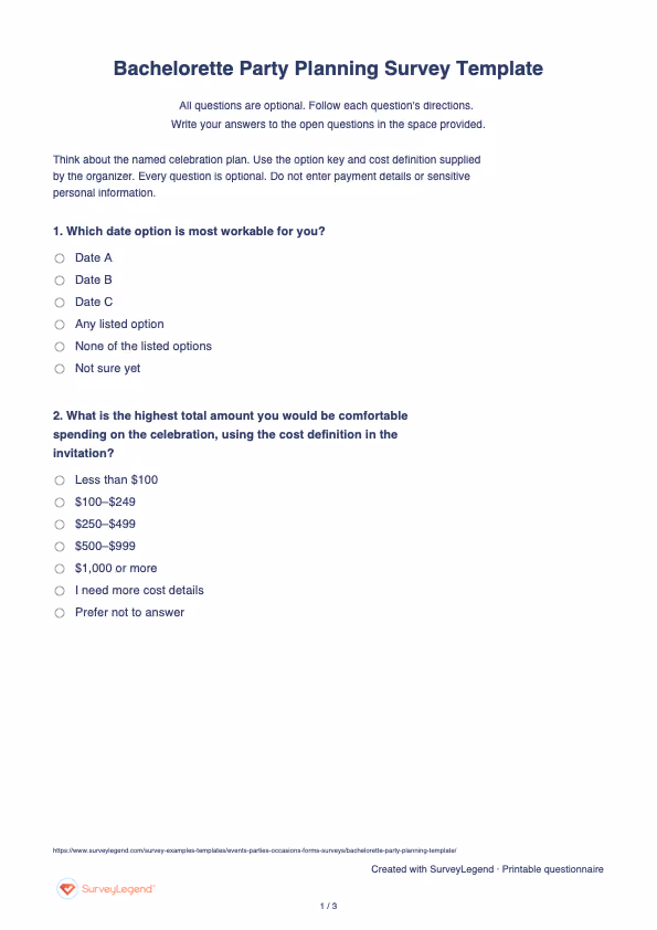 First page of the printable Bachelorette Party Planning Survey Template with questions and answer spaces