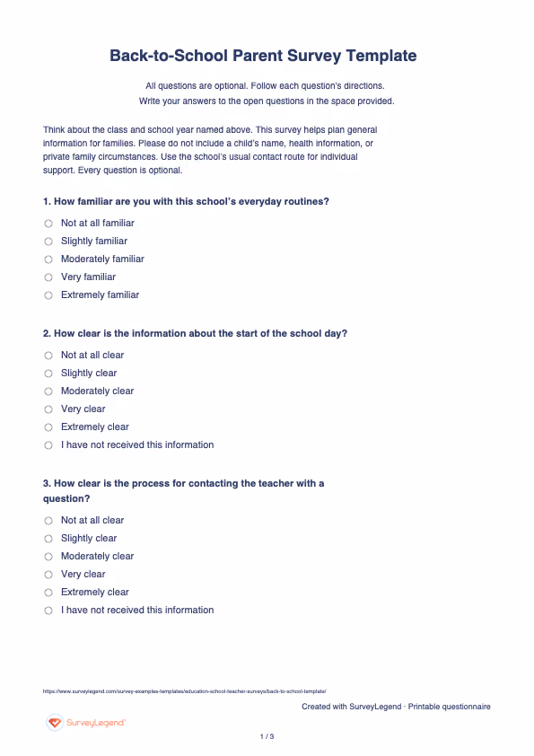 First page of the printable Back-to-School Parent Survey Template with questions and answer spaces