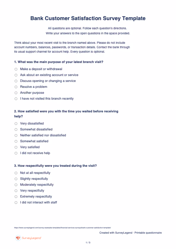 First page of the printable Bank Customer Satisfaction Survey Template with questions and answer spaces