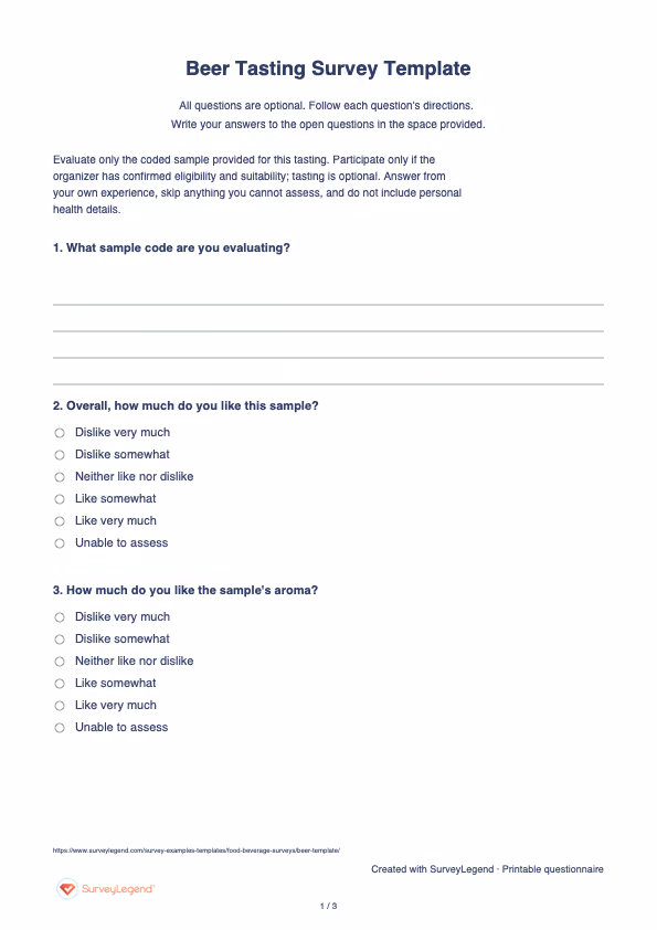 First page of the printable Beer Tasting Survey Template with questions and answer spaces