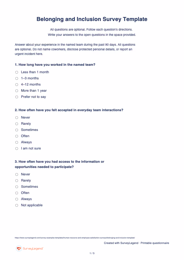First page of the printable Belonging and Inclusion Survey Template with questions and answer spaces