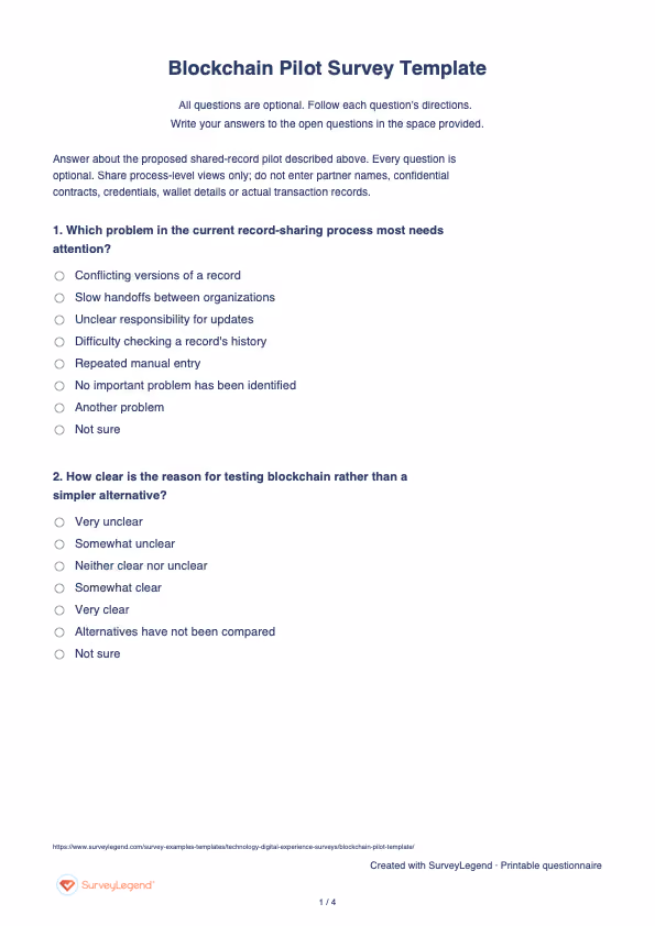 First page of the printable Blockchain Pilot Survey Template with questions and answer spaces