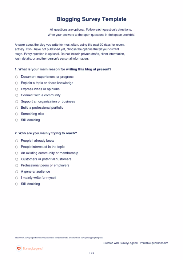 First page of the printable Blogging Survey Template with questions and answer spaces