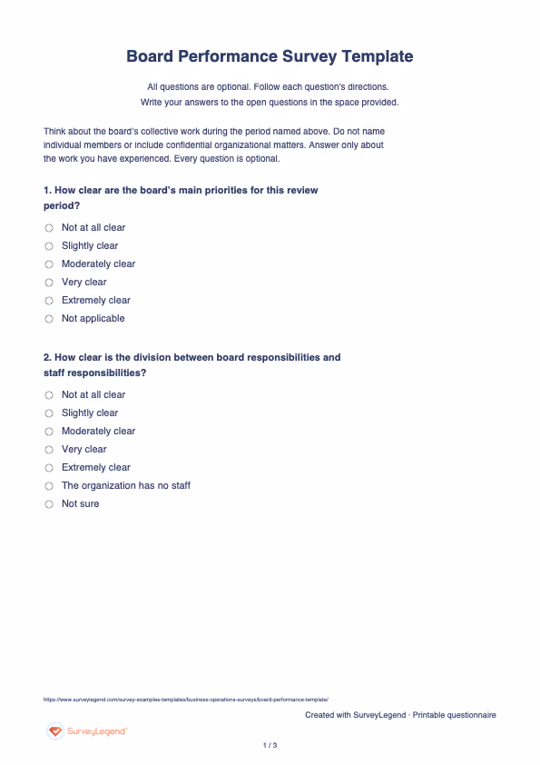First page of the printable Board Performance Survey Template with questions and answer spaces