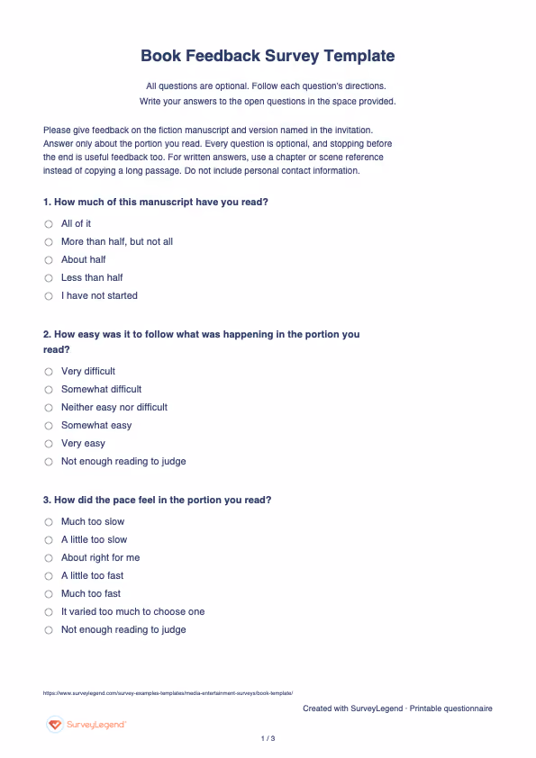 First page of the printable Book Feedback Survey Template with questions and answer spaces