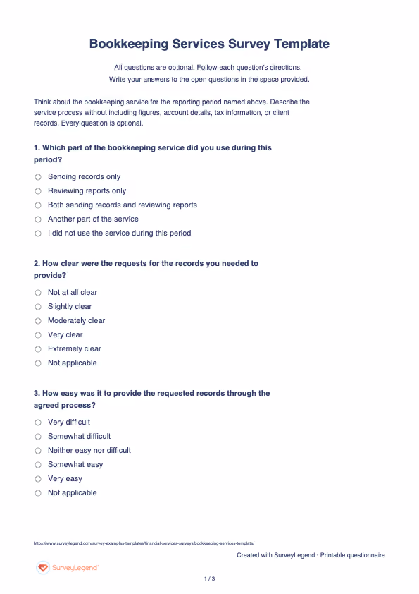First page of the printable Bookkeeping Services Survey Template with questions and answer spaces