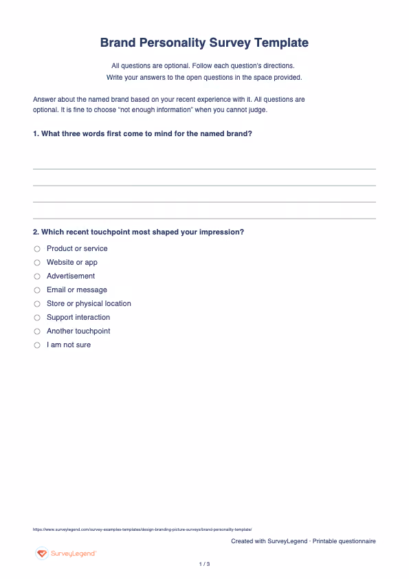 First page of the printable Brand Personality Survey Template with questions and answer spaces