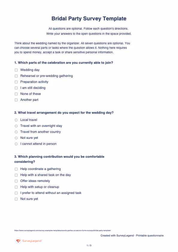 First page of the printable Bridal Party Survey Template with questions and answer spaces