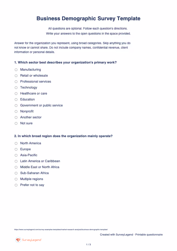 First page of the printable Business Demographic Survey Template with questions and answer spaces