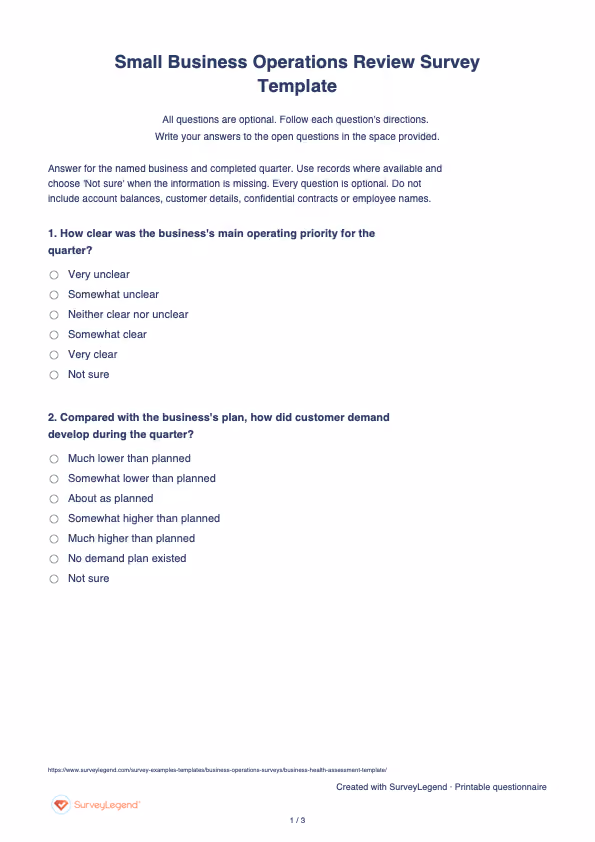 First page of the printable Small Business Operations Review Survey Template with questions and answer spaces