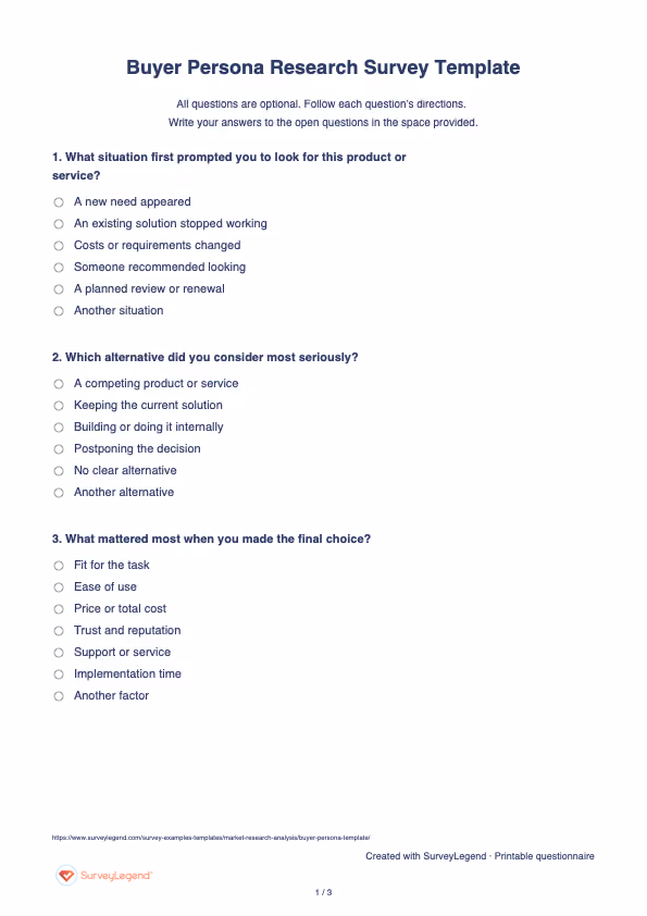 First page of the printable Buyer Persona Research Survey Template with questions and answer spaces