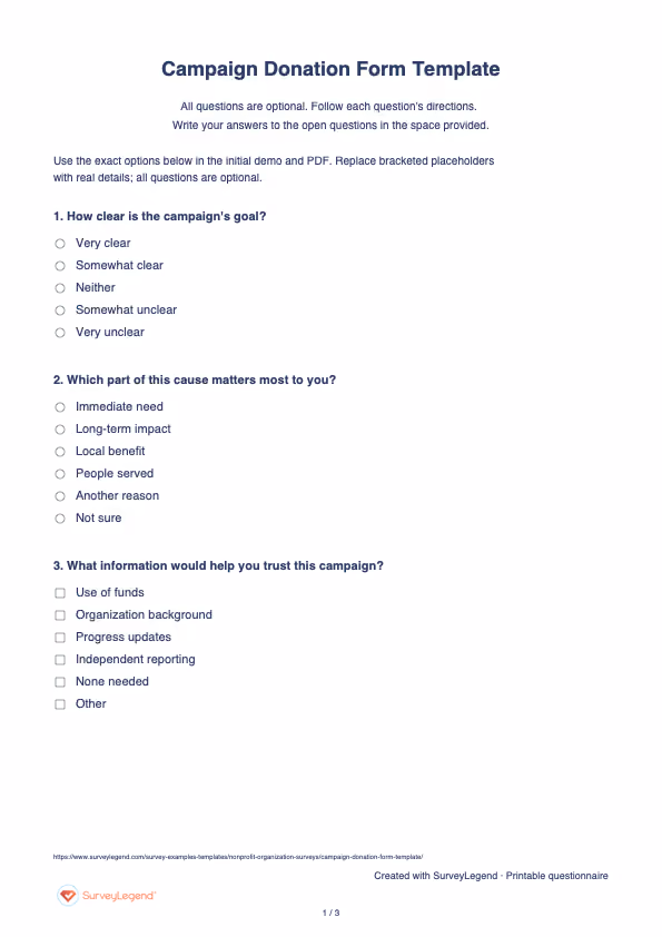 First page of the printable Campaign Donation Form Template with questions and answer spaces