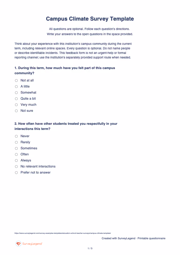 First page of the printable Campus Climate Survey Template with questions and answer spaces