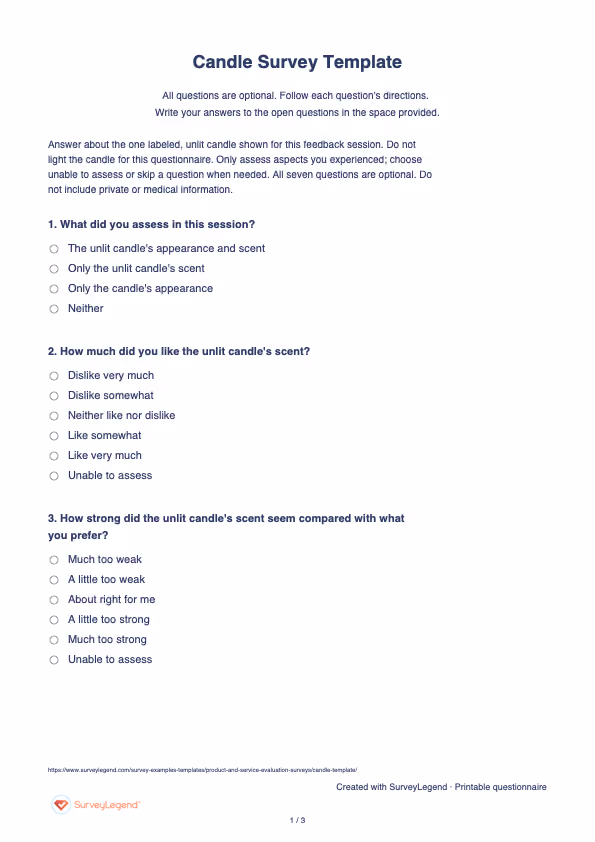 First page of the printable Candle Survey Template with questions and answer spaces