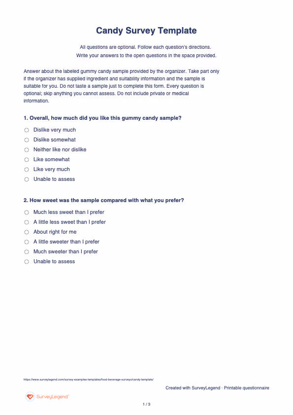 First page of the printable Candy Survey Template with questions and answer spaces