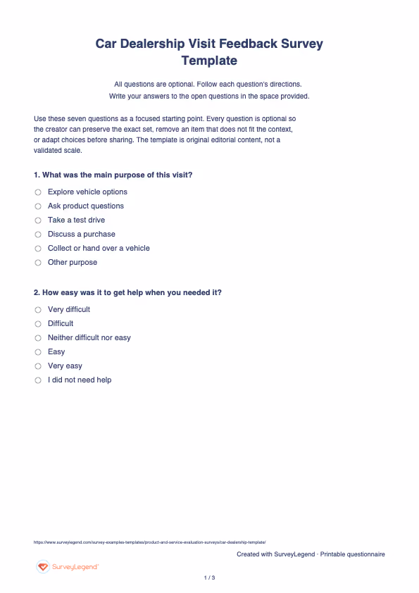 First page of the printable Car Dealership Visit Feedback Survey Template with questions and answer spaces