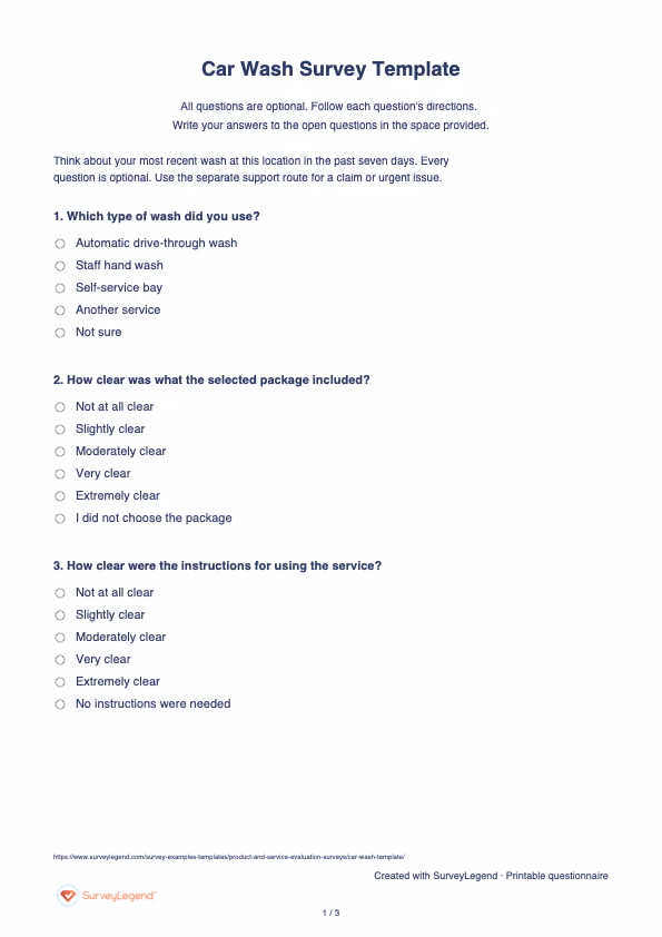 First page of the printable Car Wash Survey Template with questions and answer spaces