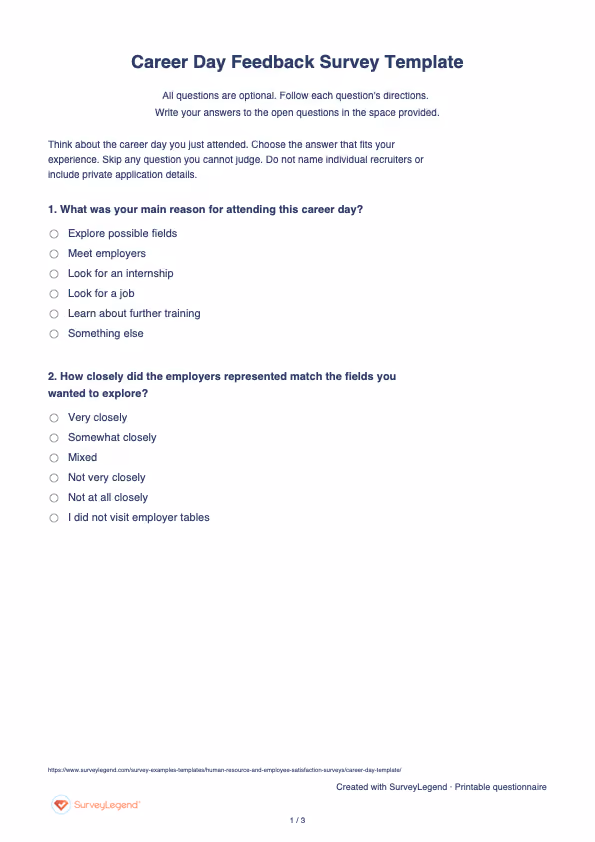 First page of the printable Career Day Feedback Survey Template with questions and answer spaces