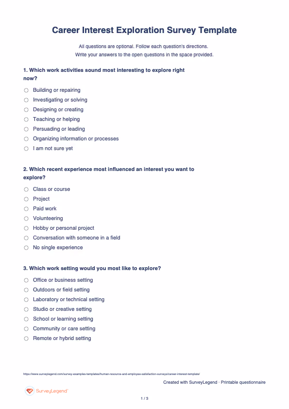 First page of the printable Career Interest Exploration Survey Template with questions and answer spaces