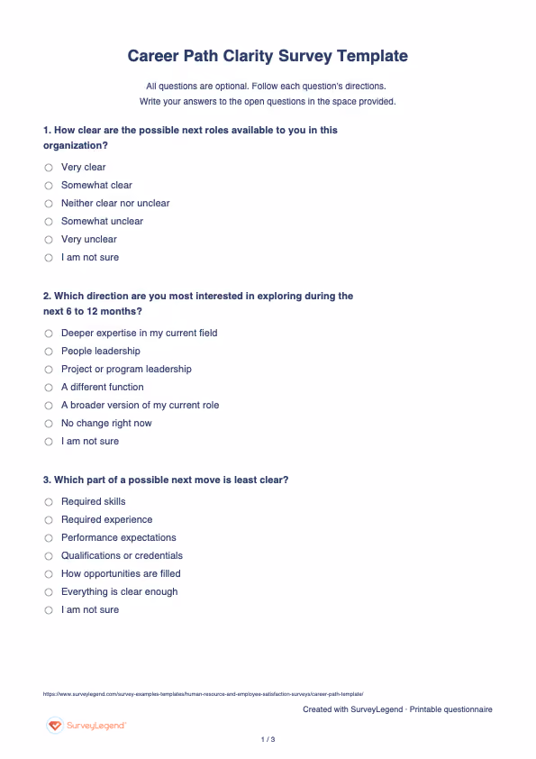 First page of the printable Career Path Clarity Survey Template with questions and answer spaces